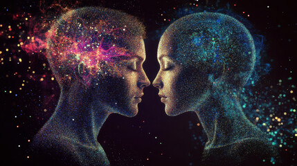 Naklejka premium Digital profiles of man and woman made of glowing particles facing each other on a dark background, representing cosmic connection and abstract art