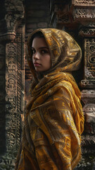 Obraz premium Woman in Yellow Shawl with Deep Cultural Significance