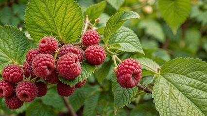 Fresh ripe raspberries growing on a plant, perfect for food, nature, or gardening-themed designs and projects. 
