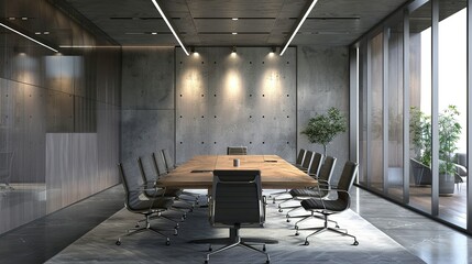 Modern Conference Room with Concrete Walls and Wooden Table