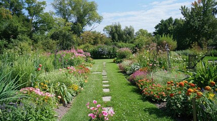 Obraz premium Garden Tour: Experience the charm of a botanical or public garden. Observe diverse plant species, vibrant flowers, and the artful design of well-maintained garden spaces. 