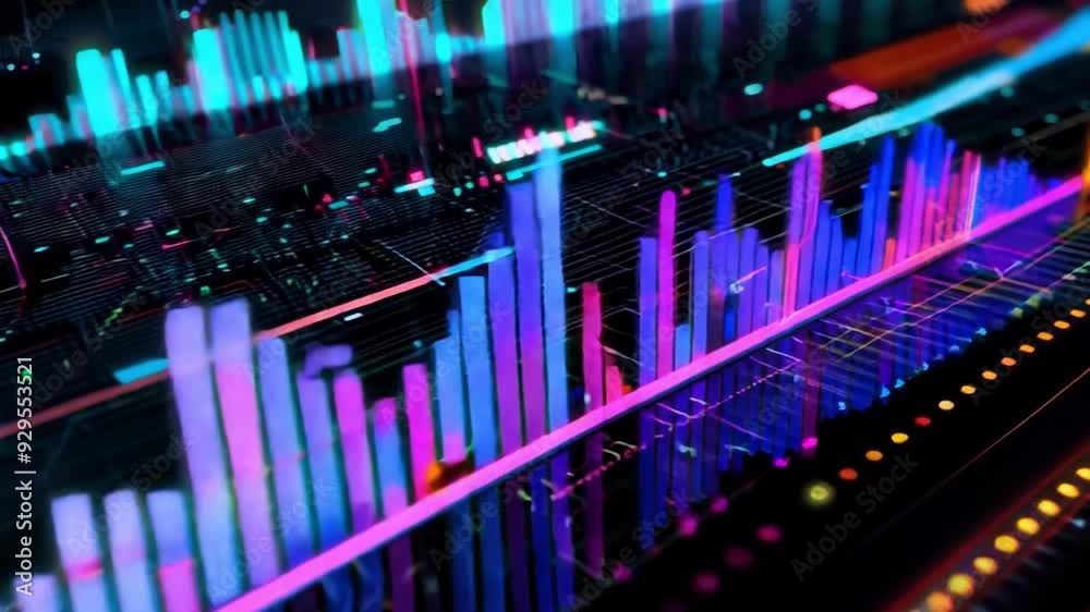 Poster Vibrant bars and lines display data trends and analytics in neon colors, illustrating a dynamic representation of information in a digital landscape.