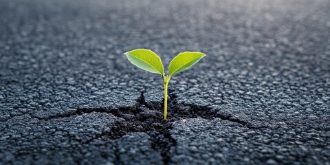 Green plant sprouting through asphalt, resilience in nature, life breaking out from the hardest surfaces