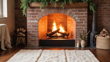 A beautifully decorated brick fireplace with a roaring fire, perfect for cozy, warm, and festive winter designs.