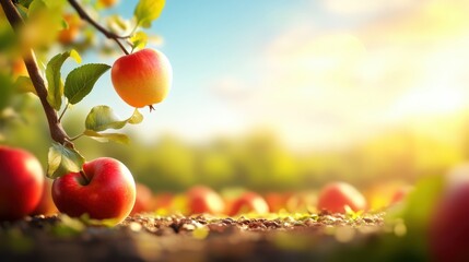 Vibrant Organic Apple Orchard 3D Illustration with Ripe Apples and Copy Space for Text