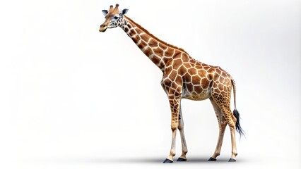 Fototapeta premium A lone giraffe with distinctive large brown spots outlined in white lines stands upright against a pure white background, showcasing its unique pattern and gentle gaze.