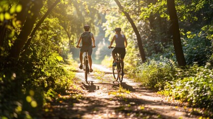 Fototapeta premium Cycling: Pedal through picturesque landscapes on a bike ride. Discover new trails and enjoy the health benefits of cycling while soaking in scenic views. 