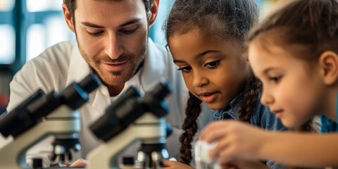 Children in a science class using microscopes with a teacher guiding them , closed-up