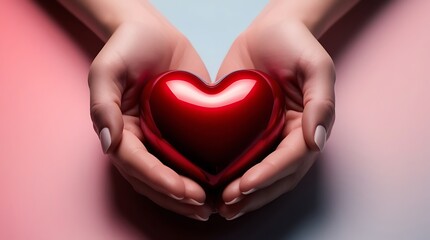 A pair of human hands gently cradling a vibrant red heart symbol, representing support for heart disease awareness and the importance of cardiovascular health care  