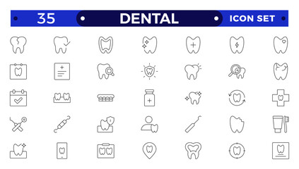 Dental icon collection. Related to tooth, dentist, toothpaste, toothbrush, teeth, implant and dentistry icons. Outline icon set.