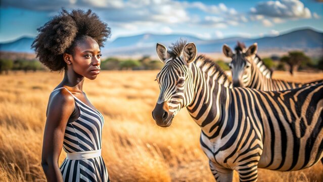 porfolio shot of black woman standing in front of zebra Africa safari
