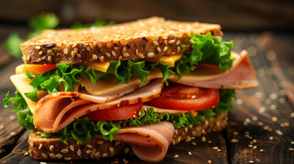 Freshly made ham and cheese sandwich with lettuce and tomato on whole grain bread