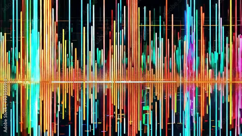 Poster A stunning display of colorful soundwaves visualizes sound energy with vertical lines in various hues, creating a vibrant and dynamic effect.