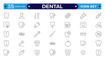 Dental icon collection. Related to tooth, dentist, toothpaste, toothbrush, teeth, implant, and dentistry icons.Editable stroke outline icon. 