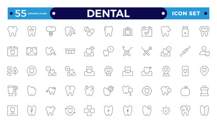 Dental icon collection. Related to tooth, dentist, toothpaste, toothbrush, teeth, implant, and dentistry icons.Editable stroke outline icon. 