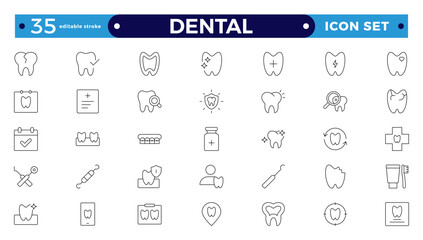 Dental icon collection. Related to tooth, dentist, toothpaste, toothbrush, teeth, implant, and dentistry icons.Editable stroke outline icon. 
