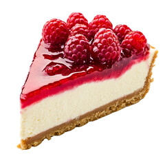 Slice of cheesecake with raspberry topping, isolated, high angle view.