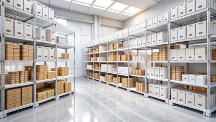 A neatly organized inventory space with rows of white shelves stocked with various products, crate boxes, and inventory management tools in a minimalist setting.