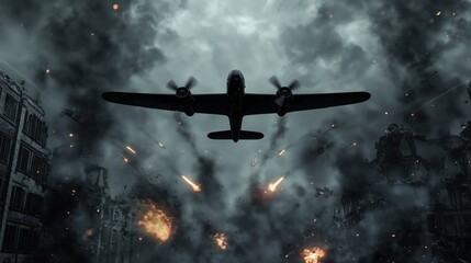 Silhouette of a military propeller plane flying over a war-torn city amidst explosions and heavy smoke during an intense aerial battle.