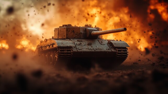 A battle-worn tank emerges from a cloud of dust on a desolate battlefield, The tank's metal armor glints under the harsh sunlight, while the air is thick with tension and the remnants of war.