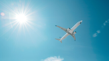 Obraz premium Commercial airplane flying through a clear blue sky on a sunny day