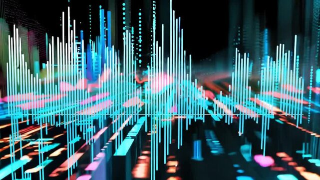 Vibrant sound waves dance in a dark digital space, showcasing a mesmerizing display of color and rhythm.