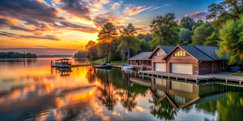 Obraz premium Lakehouse with boat garages, dock space, trees, and sunset sky