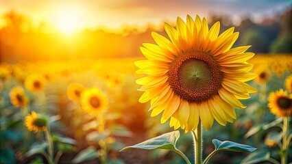 Fototapeta premium A vibrant sunflower in full bloom illuminated by warm sunlight against a blurred field background