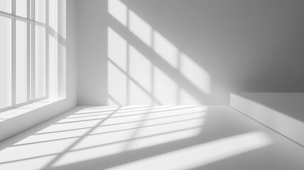 Fototapeta premium Bright, minimalist interior with shadows cast by windows.
