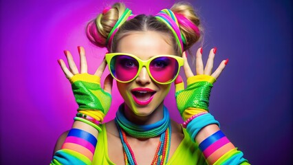 Vibrant studio setup with flashy neon attire, funky sunglasses, and bold accessories, capturing the essence of a trendy grandma's playful personality, without the grandma.
