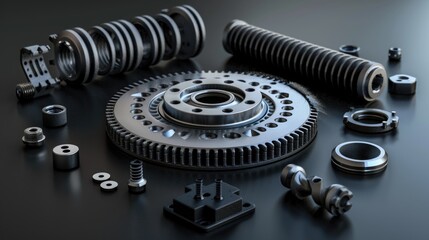 Mechanical components on a workbench, ideal for DIY or workshop illustrations