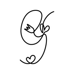 9 Hand drawn number with decorative hearts and tulip in continuous line. Spring inscription Isolated