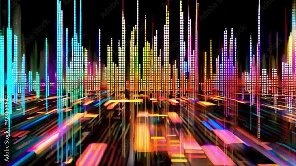 Poster Vibrant sound wave patterns display an array of colors and lights, creating a mesmerizing visual experience in a digital setting.