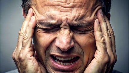Fototapeta premium A person's face contorts in agony, eyes scrunched and brows furrowed, as they clutch their cheek and forehead in response to intense, debilitating facial pain.