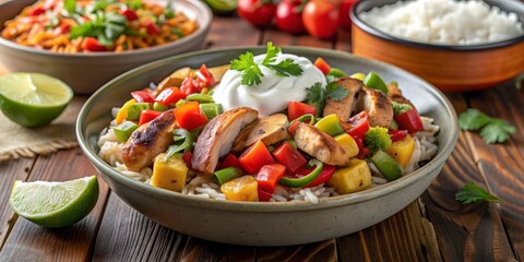 Savory fajita-style chicken, sautéed vegetables, and steaming hot rice fill a vibrant bowl, topped with refreshing pico de gallo, dollops of creamy sour cream.