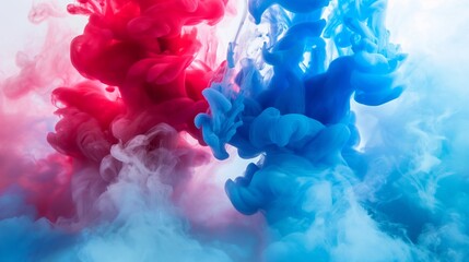 Vibrant cloud colorful ink explosion in water. Artistic display of vivid blue and red ink swirling in water, creating a mesmerizing effect