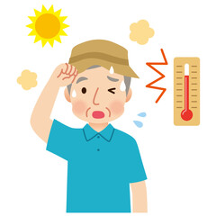 気温が高い屋外で汗をかく高齢者男性　熱中症