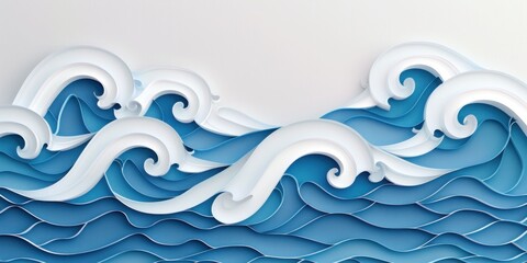 Ocean waves paper cutout on white background with copy space for text, minimalist design for travel blog or business presentation