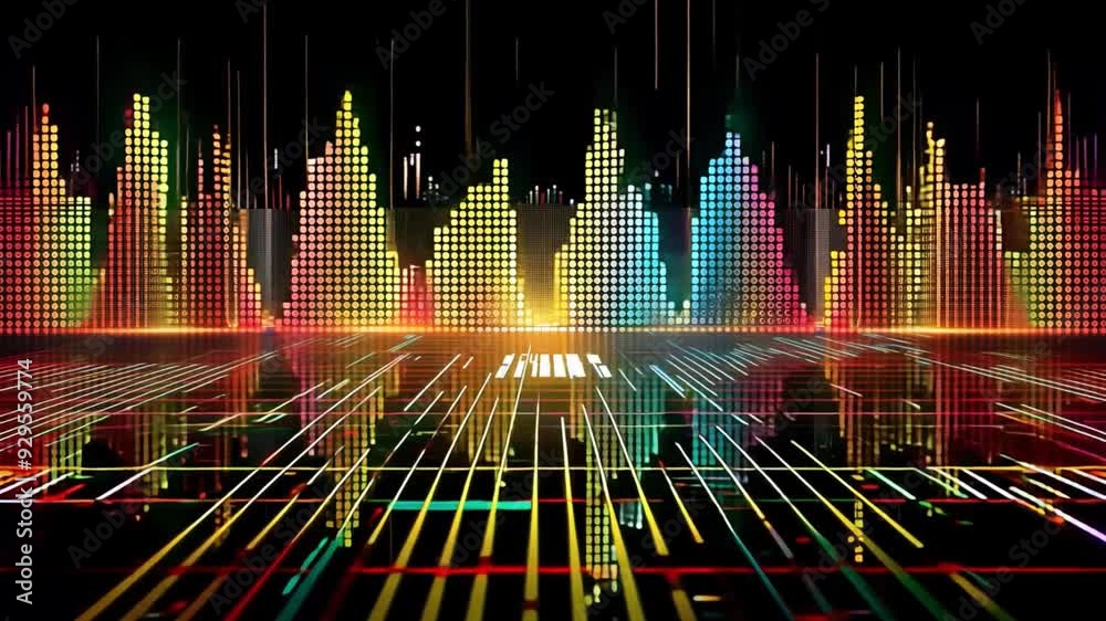 Poster Vibrant sound wave patterns in various colors rise and fall on a digital grid, illuminated by lights reflecting off a dark background.