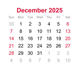 Monthly calendar of December 2025 on transparent background