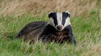 Fototapeta premium European badger resting in a grassy field. Wildlife photography of a badger among nature, showcasing its distinctive black and white stripes