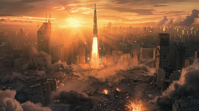 Rocket launch at sunset, leaving a trail of smoke in the dark sky above the ruined city