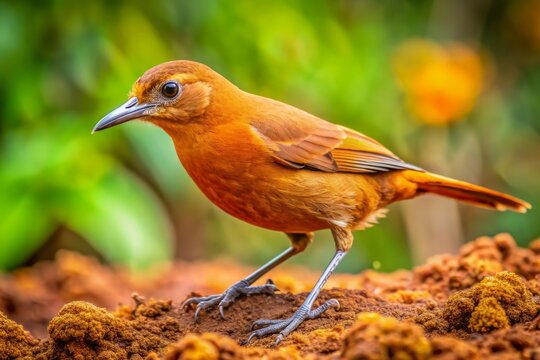 Vibrant South American landscape serves as backdrop for Rufous hornero's nimble search for sustenance, its reddish-brown plumage blending with earthy hues of rugged terrain.