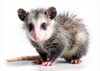 Fototapeta premium A young Virginian opossum with a distinctive prehensile tail and pointed snout, showcasing its gray and white fur, isolated on a clean white background in side profile.