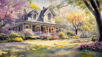 Obraz premium A picturesque watercolor painting of a charming house with a white porch surrounded by lush greenery and blooming flowers.