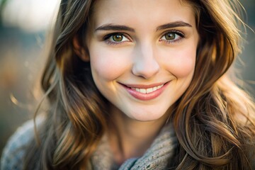 Fototapeta premium Portrait of a young woman smiling with happiness and looking at the camera. Closeup of a girl with a perfect gummy smile.