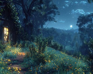 Enchanting Nighttime Landscape: Cozy Cabin in a Moonlit Meadow Surrounded by Lush Greenery and Softly Glowing Fireflies