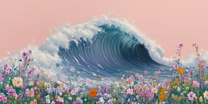 Beautiful Wave Painting with Pink Background and Colorful Meadow of Flowers Combining Nature's Beauty and Tranquility in a Unique Art Piece