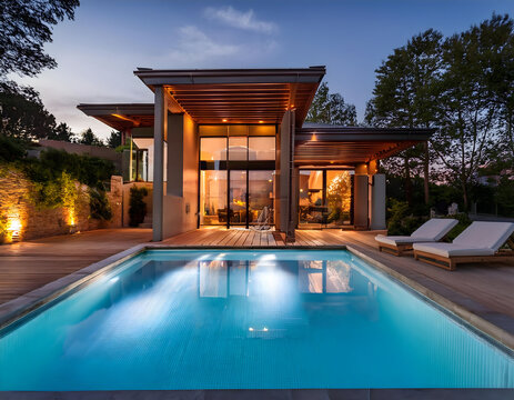  luxurious modern home with a chic backyard swimming pool, illuminated by soft evening lighting. The scene should capture the serene atmosphere of the outdoor space, perfect for relaxation and entert