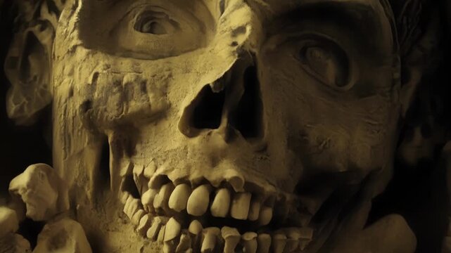 Menacing skull grins for halloween, evoking dread and the macabre with a hint of evil and fear. Capture the eerie essence of the holiday with this bone chilling image